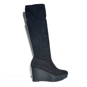 Robert Clergerie Wedge Platform Stetch Suede Blk Knee High Boot Sz 9.5